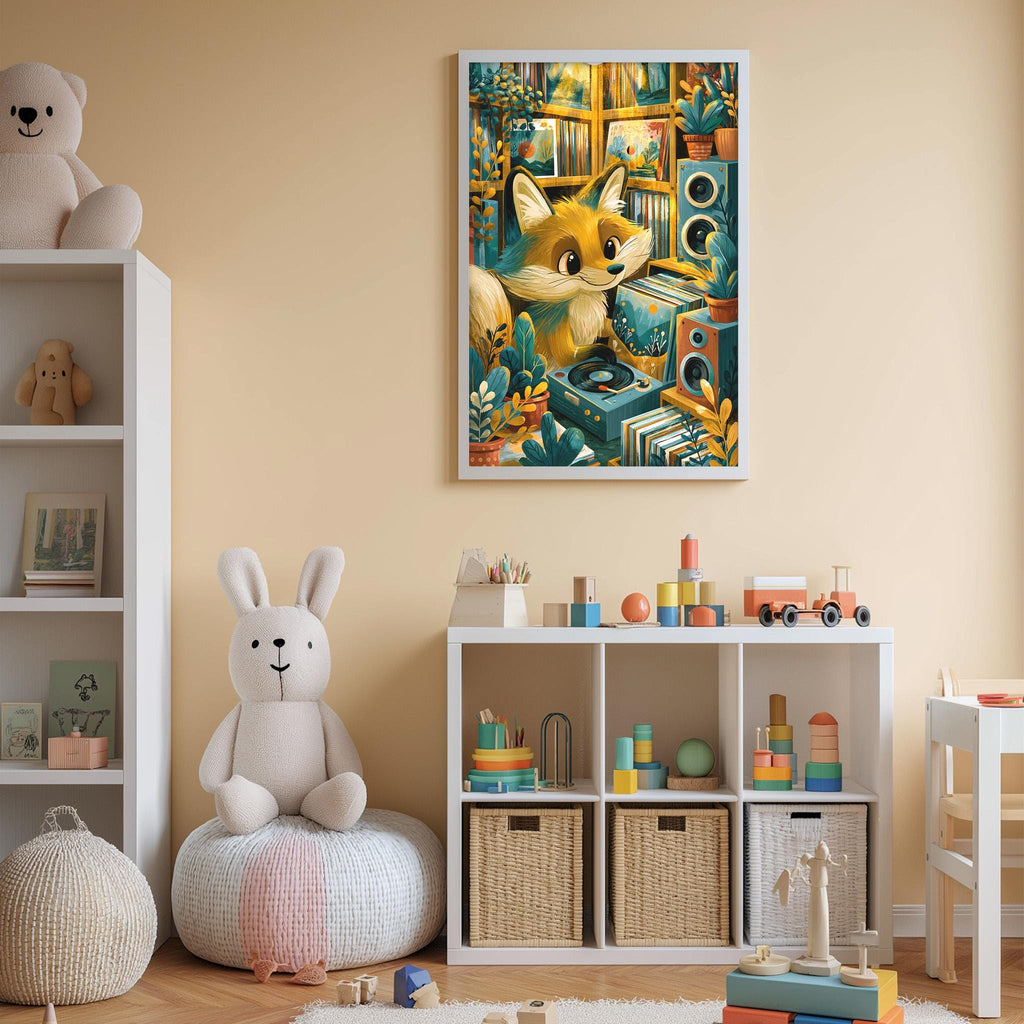 A cozy children's room with a large stuffed rabbit, a bookshelf filled with toys, and a framed illustration of a fox surrounded by books and plants.
