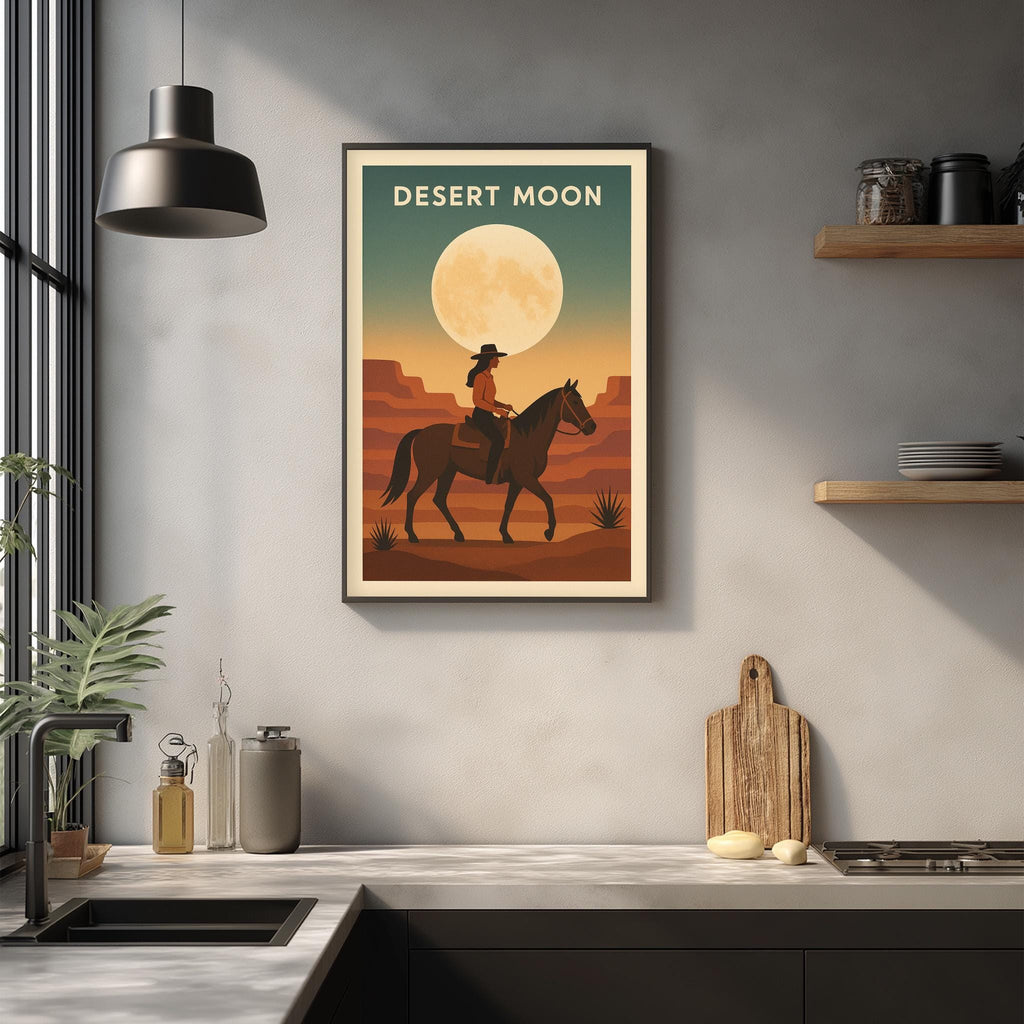 a framed poster of a cowboy riding a horse in a desert landscape, with a large moon in the background.