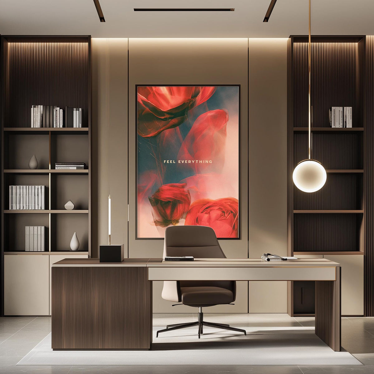 a modern and stylish office space with a large framed poster of red roses on the wall, a wooden desk with a chair, and built-in bookshelves.