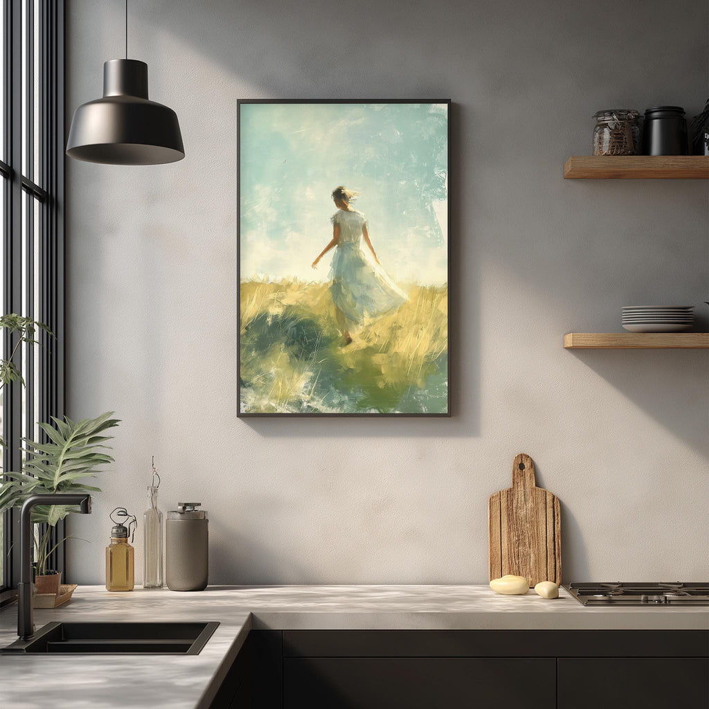 a painting of a woman in a field, hanging on a wall above a kitchen counter with various kitchen items and decor.