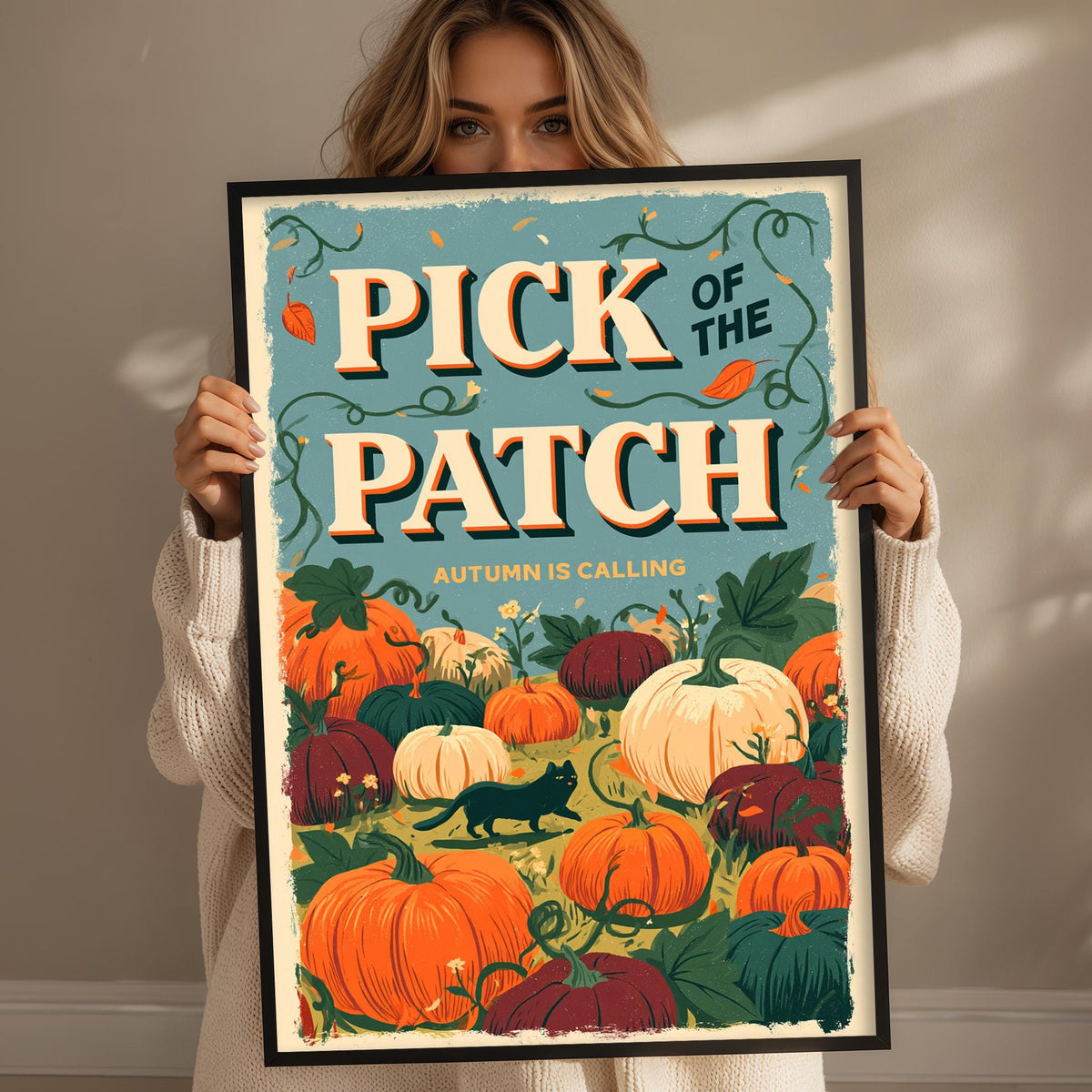 A woman is holding up a framed poster with a pumpkin patch design and the text "Pick of the Patch" and "Autumn is calling".
