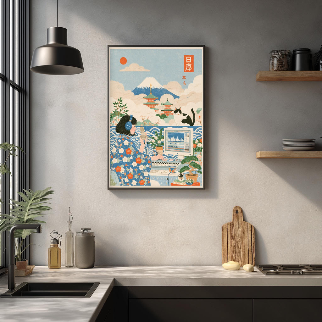 a kitchen scene with a framed poster of a woman in traditional Japanese attire, surrounded by various kitchen items and decor.