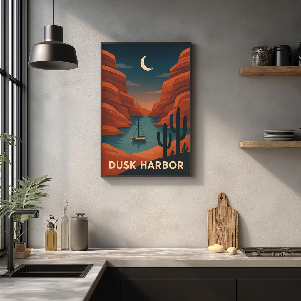 a framed poster of a desert landscape with a cactus and a boat, hanging on a wall above a kitchen counter with various kitchen items and a potted plant.
