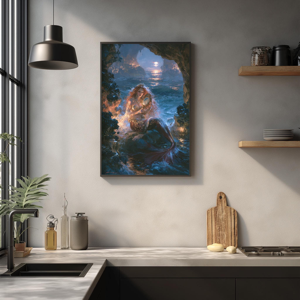 a large, colorful painting of a mermaid sitting on a rock, surrounded by a serene ocean scene. The painting is hung on a wall above a kitchen counter, which has various kitchen items such as a cutting board, a bottle, and a vase. The overall setting appears to be a cozy and artistic kitchen space.