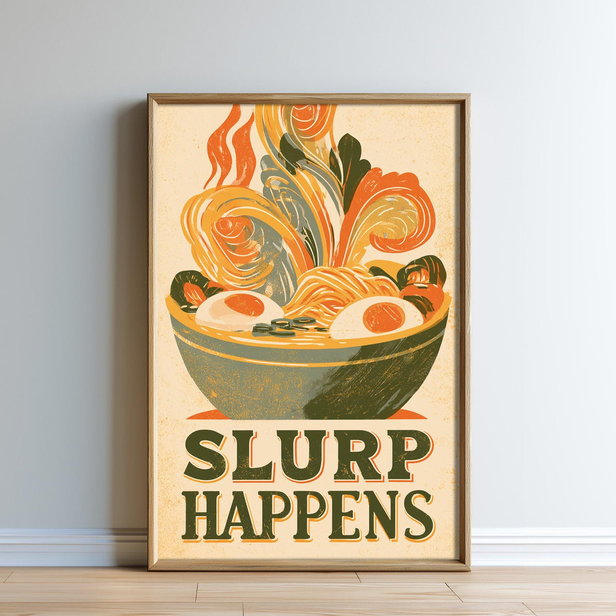 The image is a framed poster with a vibrant illustration of a bowl of noodles and vegetables, accompanied by the text "SLURP HAPPENS" in a playful, artistic style.
