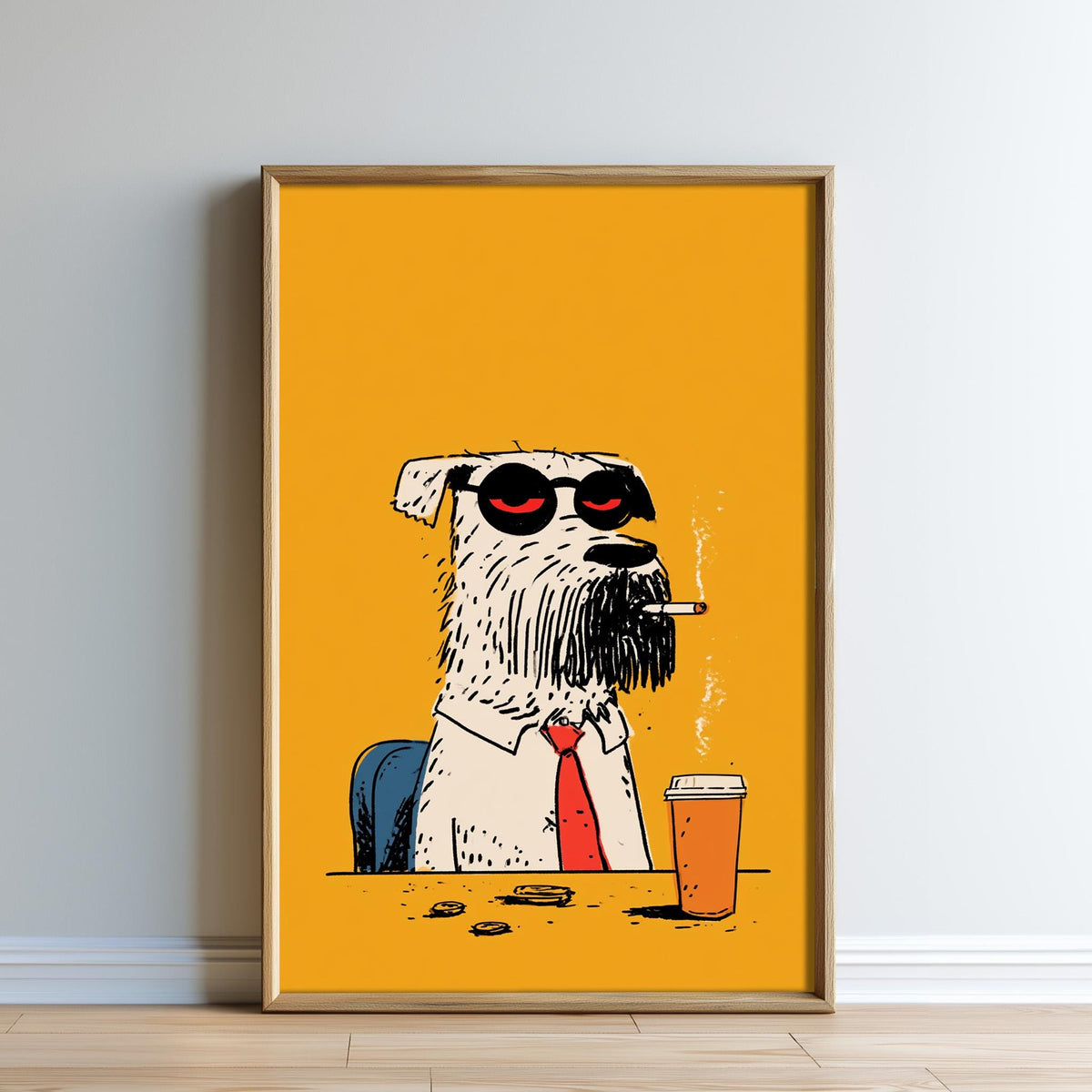 A cartoon dog wearing a red tie and sunglasses is sitting at a desk, smoking a cigarette and holding a coffee cup.