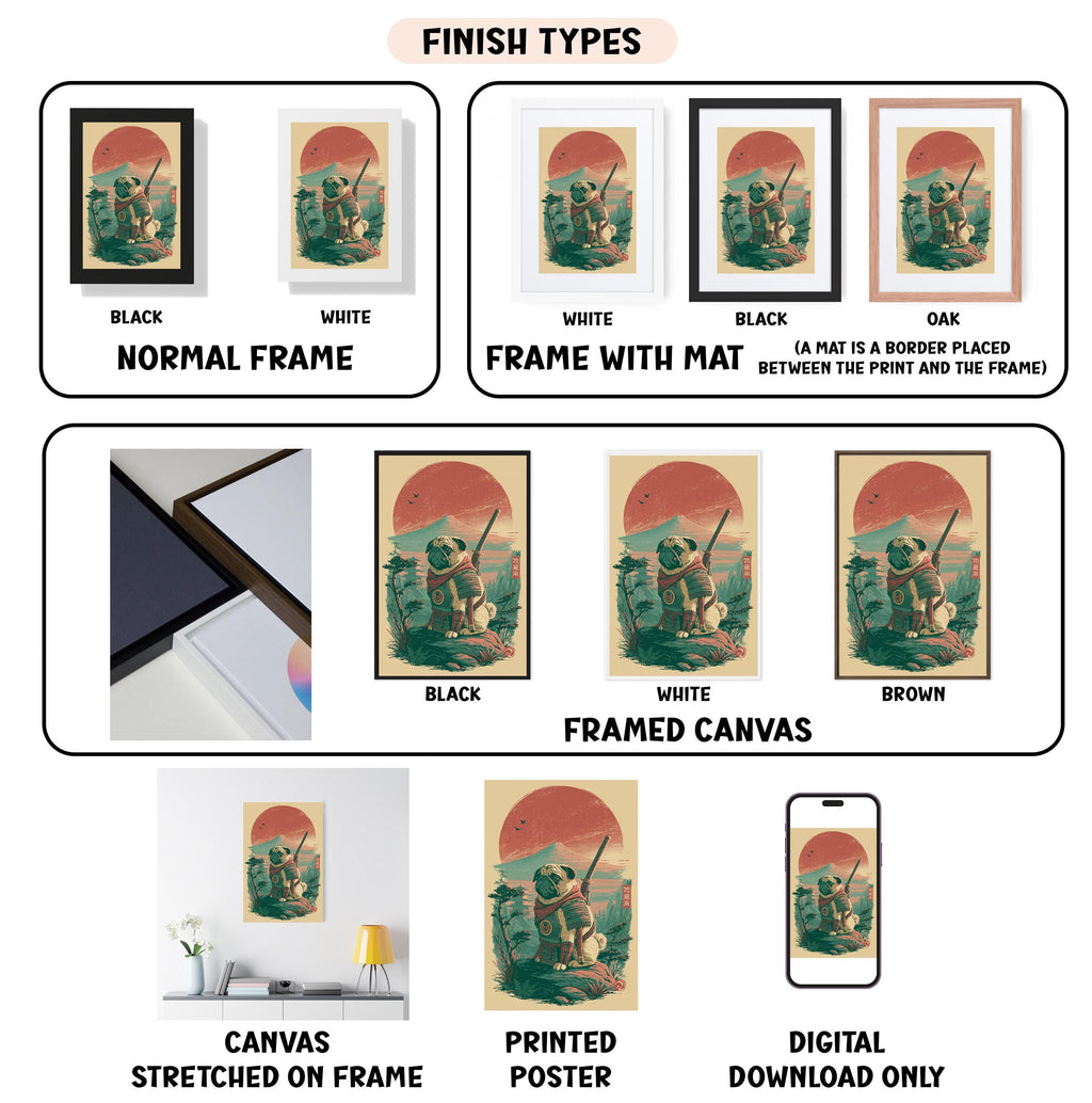 various finish types for artwork, including canvas, printed poster, and digital download, each with different frame colors and mat placements.