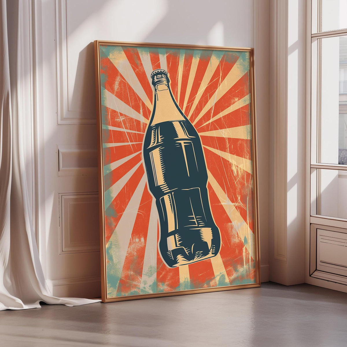 A framed poster of a soda bottle with a vintage-style design, featuring a red and orange sunburst background.