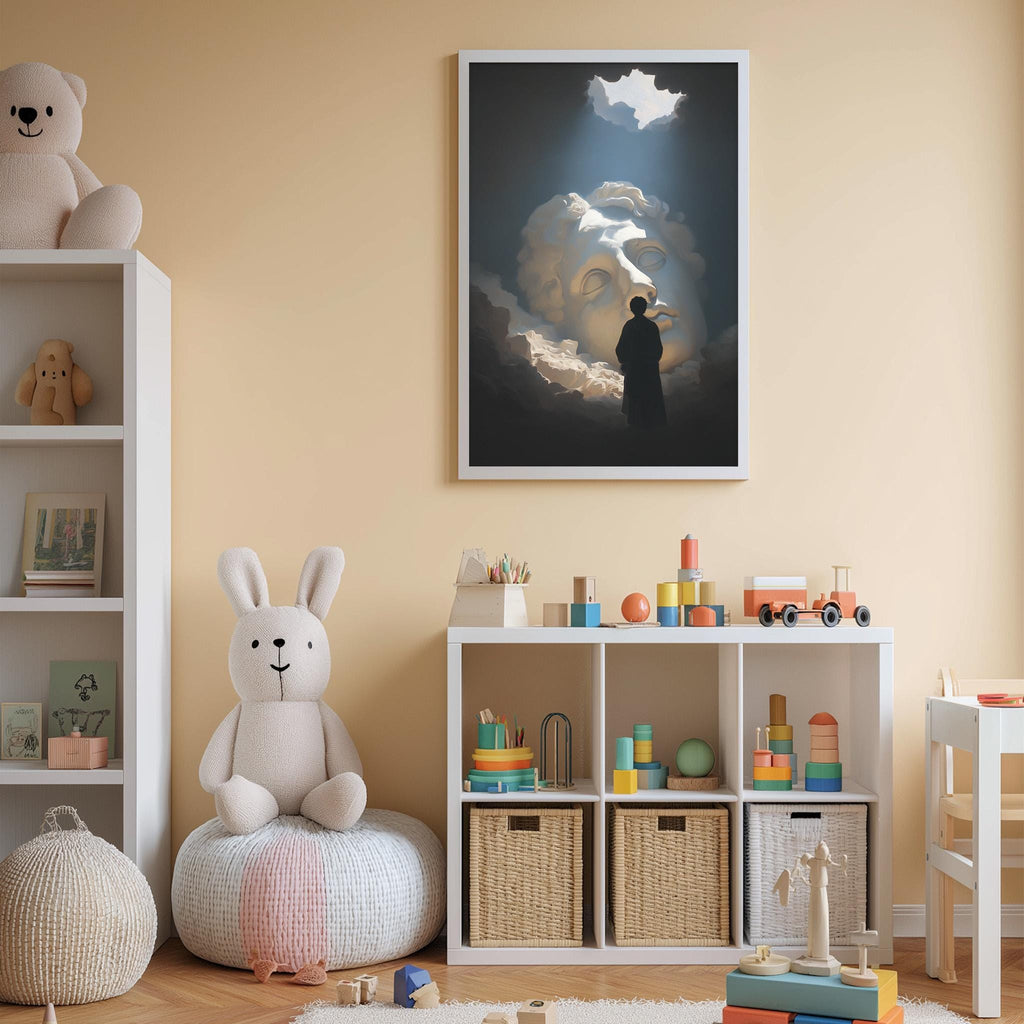 a cozy and well-organized child's bedroom, featuring a large stuffed bunny, a bookshelf filled with toys, and a framed artwork of a person standing in front of a cloud-like shape.