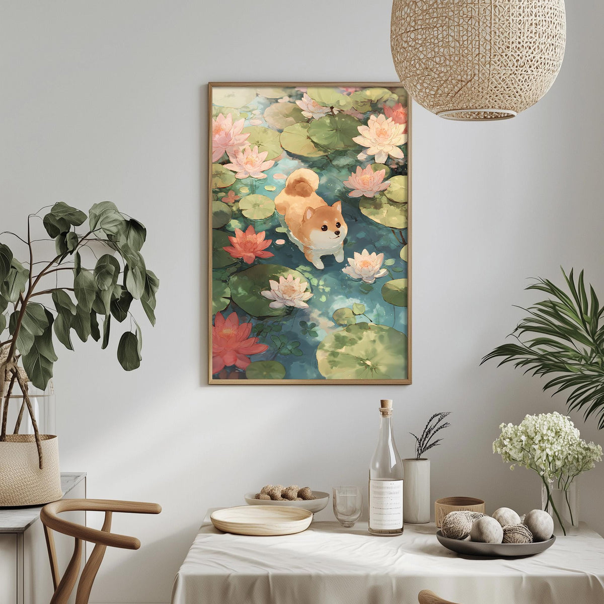 a cozy dining area with a table set for two, surrounded by potted plants and a hanging light fixture. A framed painting of a cat swimming in a pond with lily pads is displayed on the wall above the table.