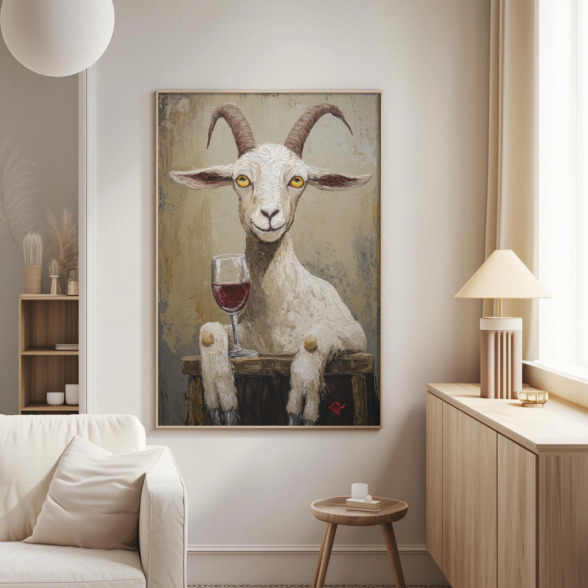 a large painting of a white goat with horns, holding a glass of red wine, hanging on a wall in a living room.
