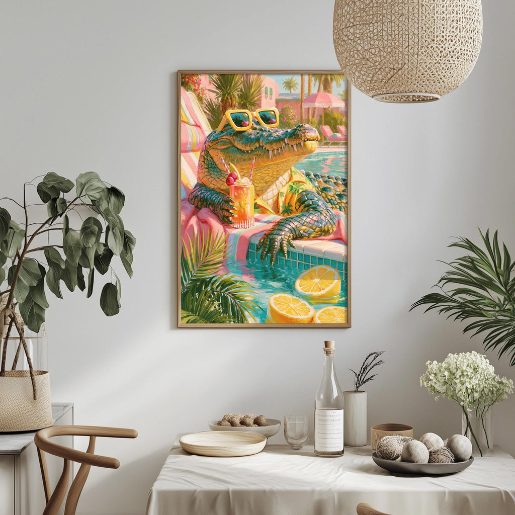a vibrant and colorful painting of a crocodile sitting in a pool, surrounded by tropical plants and fruits, such as oranges and bananas.