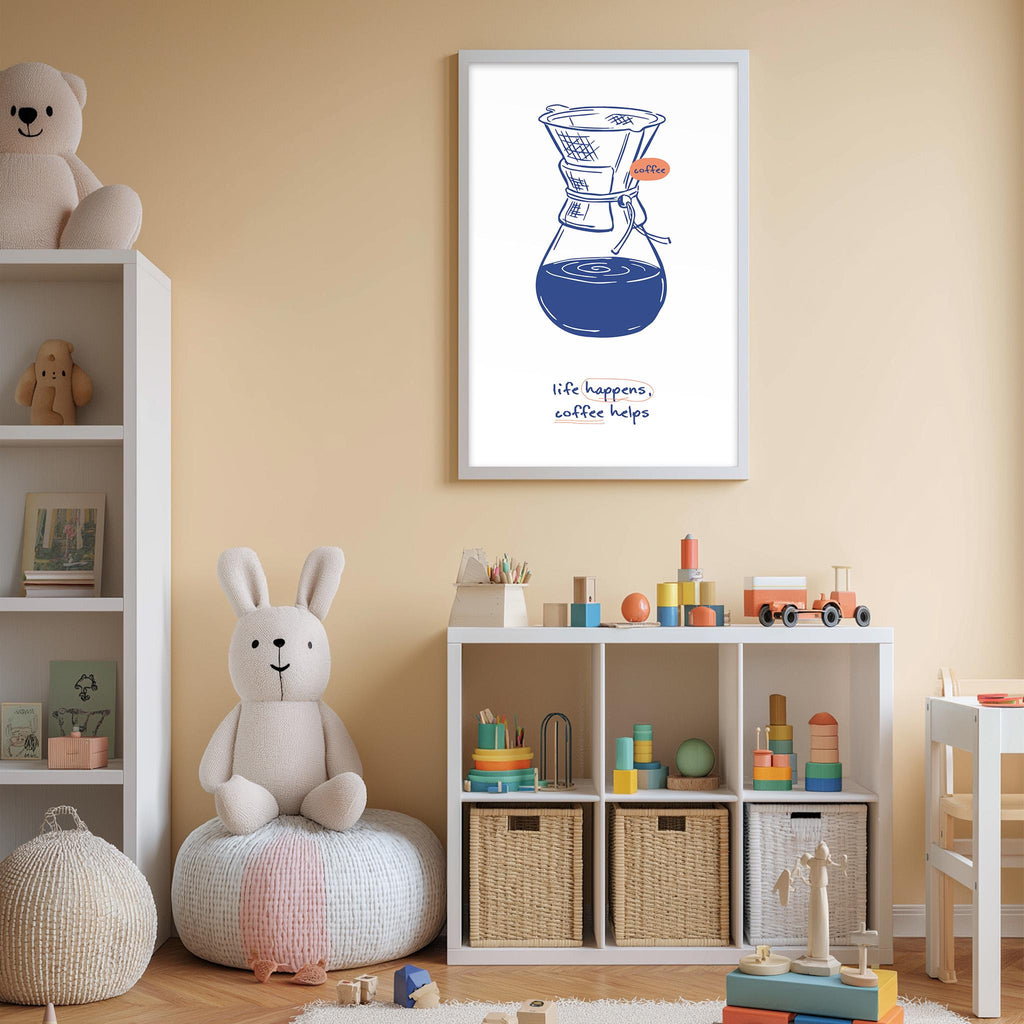 a cozy and colorful children's bedroom with a white bookshelf, a plush white rabbit, and a toy train set. The room also features a framed poster with a coffee maker illustration and the text "It's happened, coffee helps".