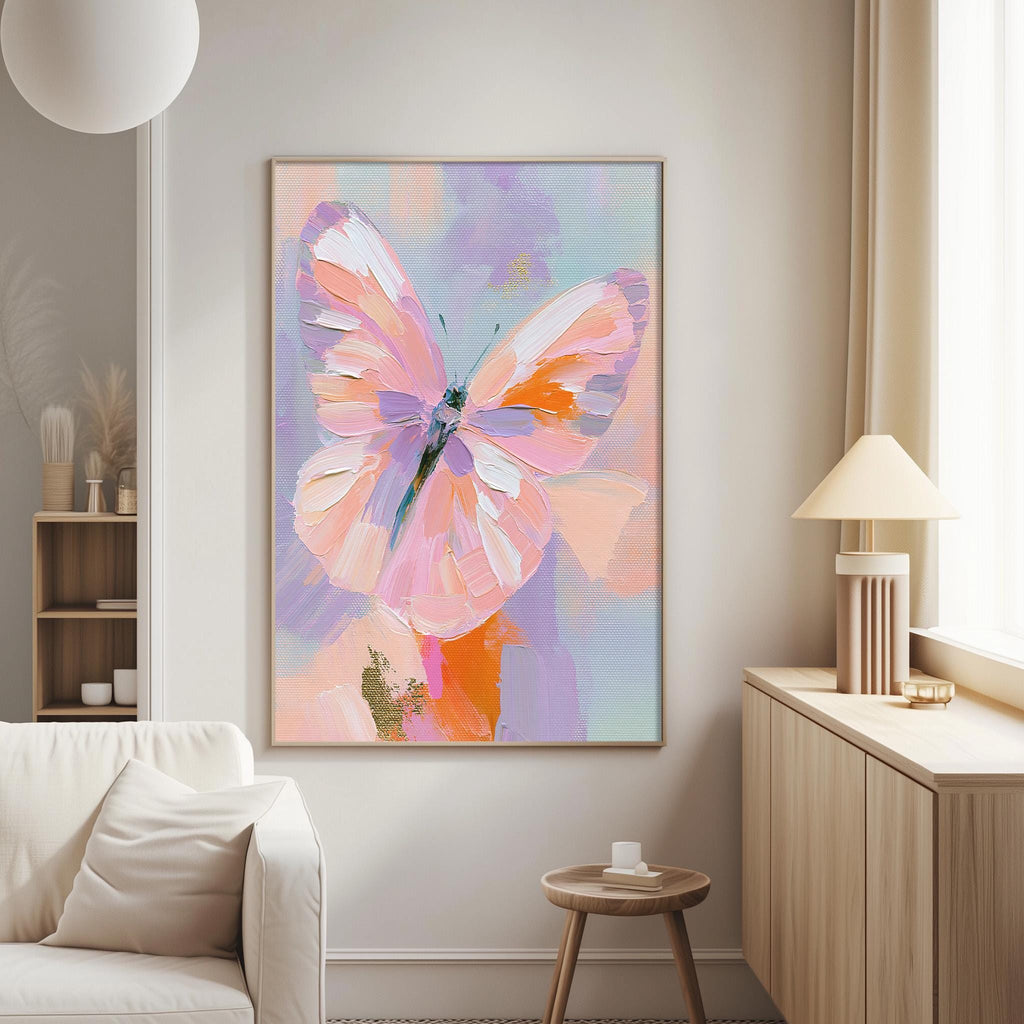 a large, colorful painting of a butterfly hanging on a wall in a living room.