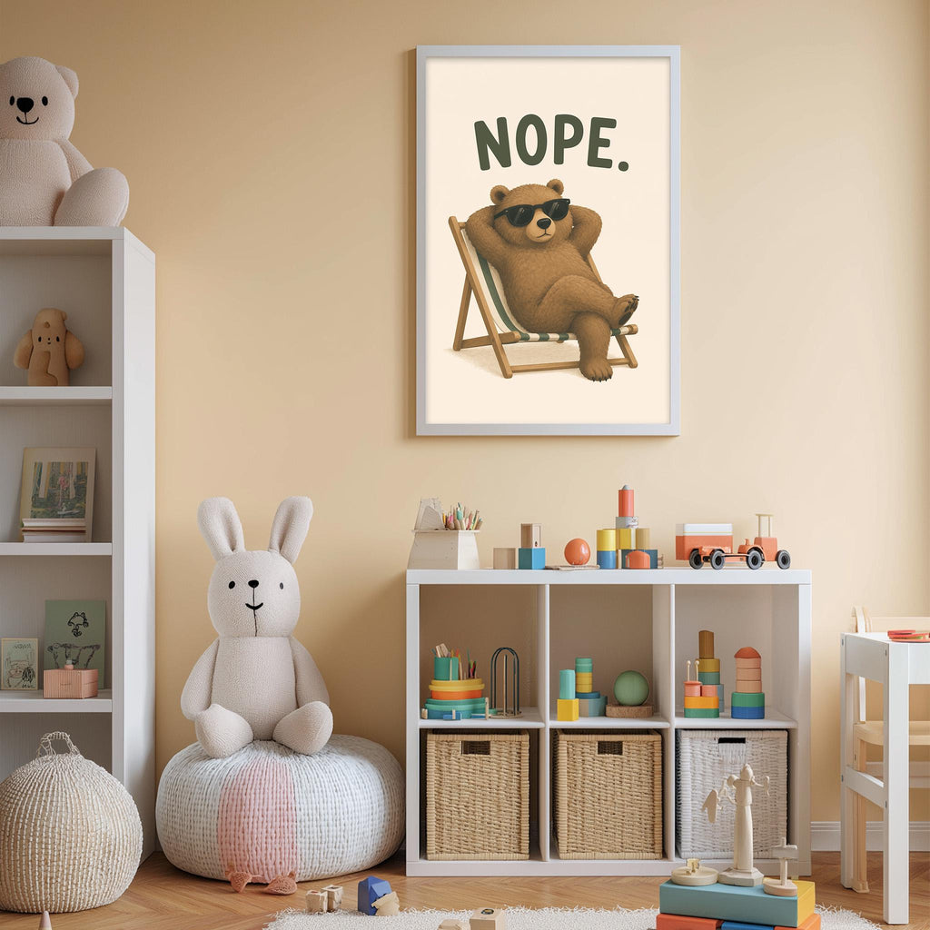 a child's bedroom with a white bookshelf, a stuffed rabbit, a stuffed bear, and a framed poster with a cartoon bear sitting in a chair and the word "NOPE."