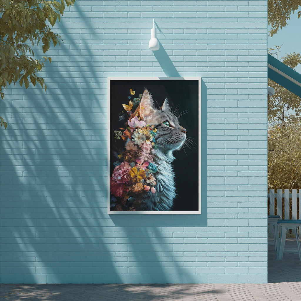 A framed painting of a cat with a floral design adorns the wall of a building, creating a visually striking and artistic display.
