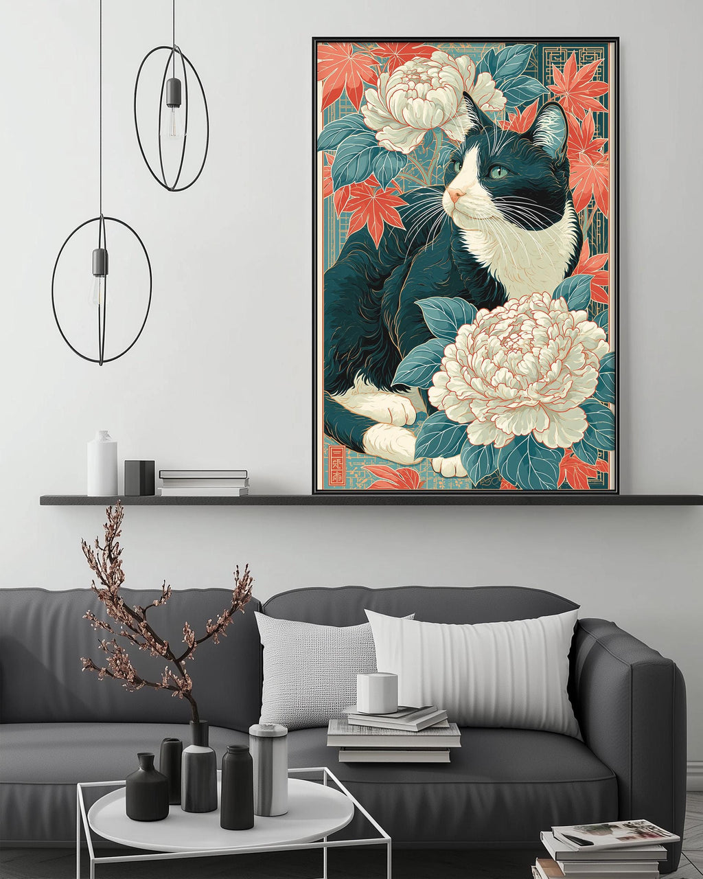 a black and white cat sitting on a couch, surrounded by a vibrant floral arrangement. The cat is the central focus of the scene, with a large floral painting hanging above the couch. The couch is positioned against a white wall, and there are some decorative items, such as a potted plant and a vase, placed on the coffee table in front of the couch.