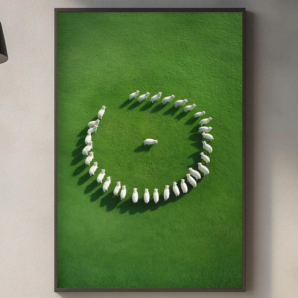 a kitchen counter with various kitchen items, including a cutting board, a sink, and a potted plant. Above the counter, there is a framed artwork depicting a green circle with white circles arranged in a circular pattern.