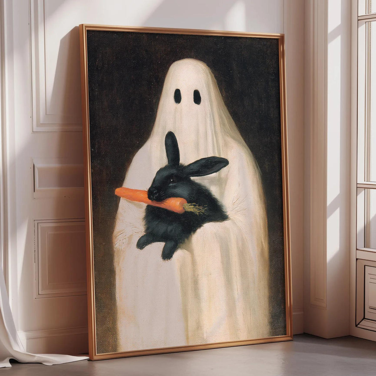 The image is a painting of a ghost holding a black rabbit in its hand.