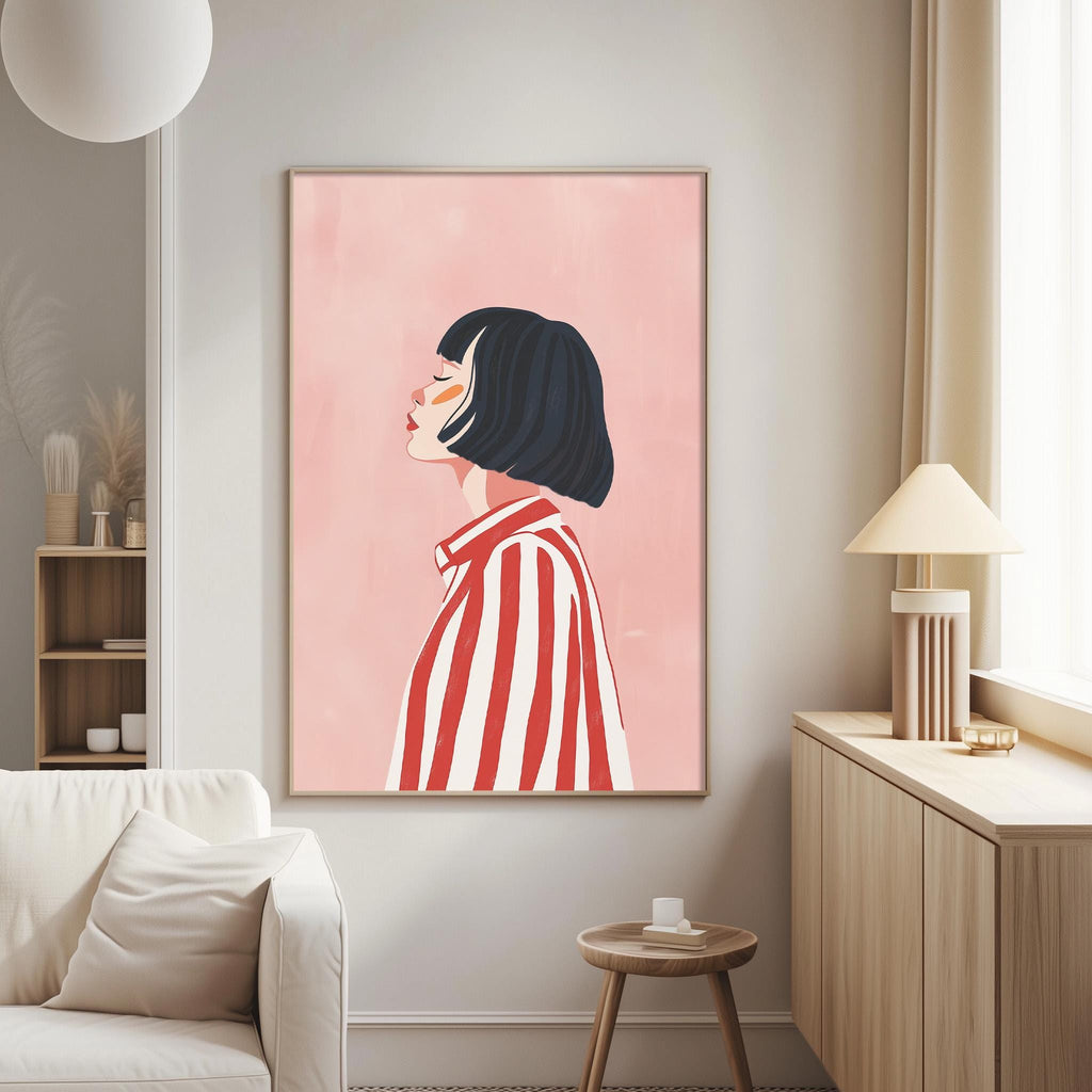 a living room with a large framed poster of a woman with short hair and a red and white striped shirt hanging on the wall. The room has a white couch, a wooden side table, and a lamp on a nearby table.