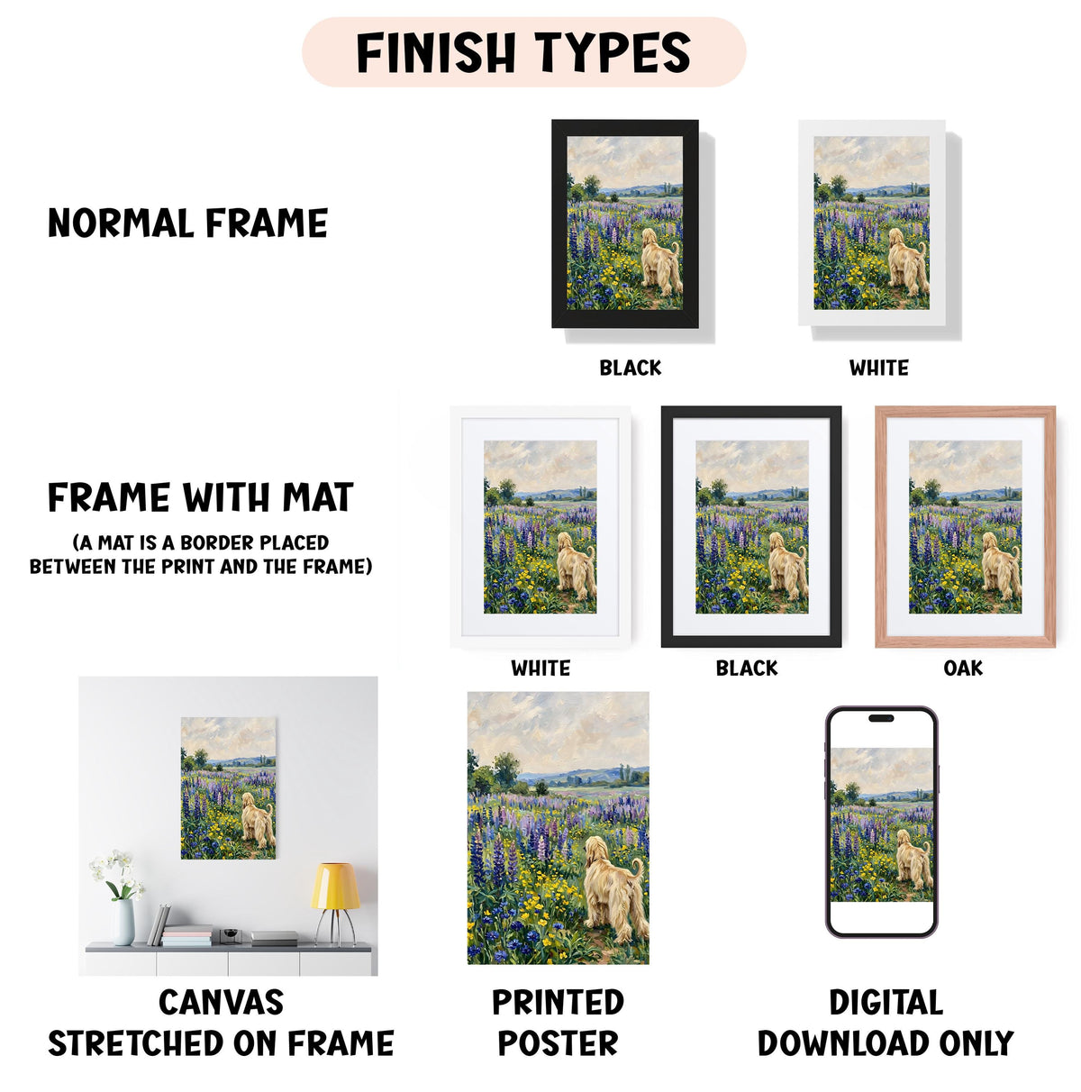 various types of artwork, including a painting of a dog in a field, framed in different styles and colors.