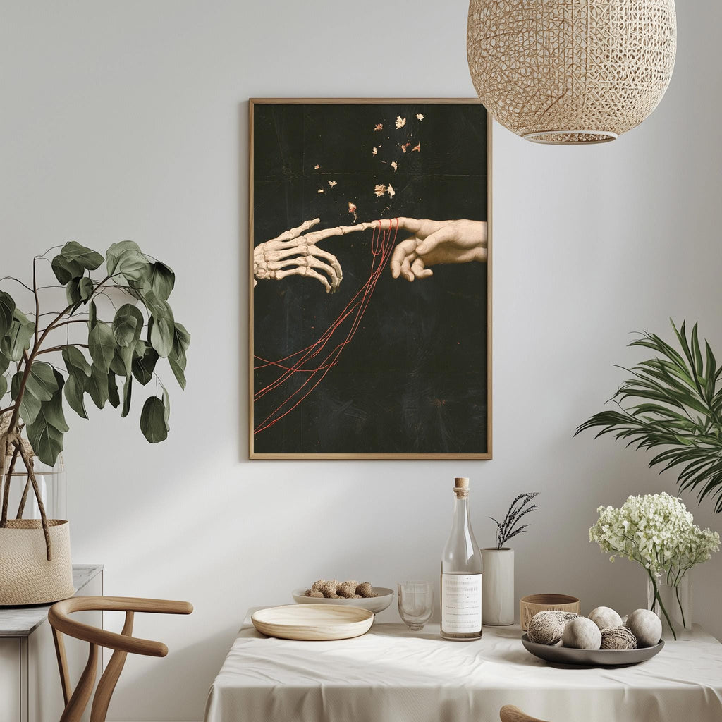 a dining table with a white tablecloth, a bowl of fruit, a bottle, and a vase with flowers. Above the table, there is a framed artwork depicting a hand reaching out towards a skeleton hand, with red strings connecting them.