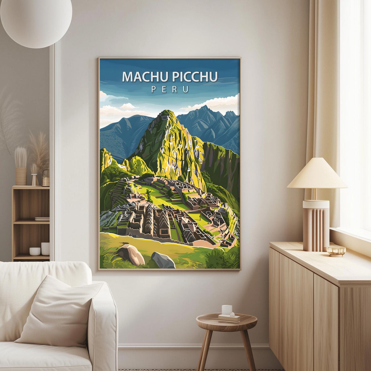 a poster of Machu Picchu, a famous Incan citadel located in the Andes mountains of Peru.
