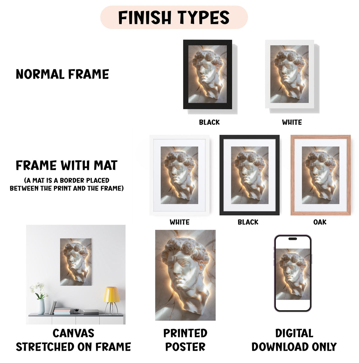 various types of artwork, including a normal frame, a frame with a mat, a white frame, a black frame, an oak frame, a white canvas stretched on a frame, a printed poster, and a digital download only.