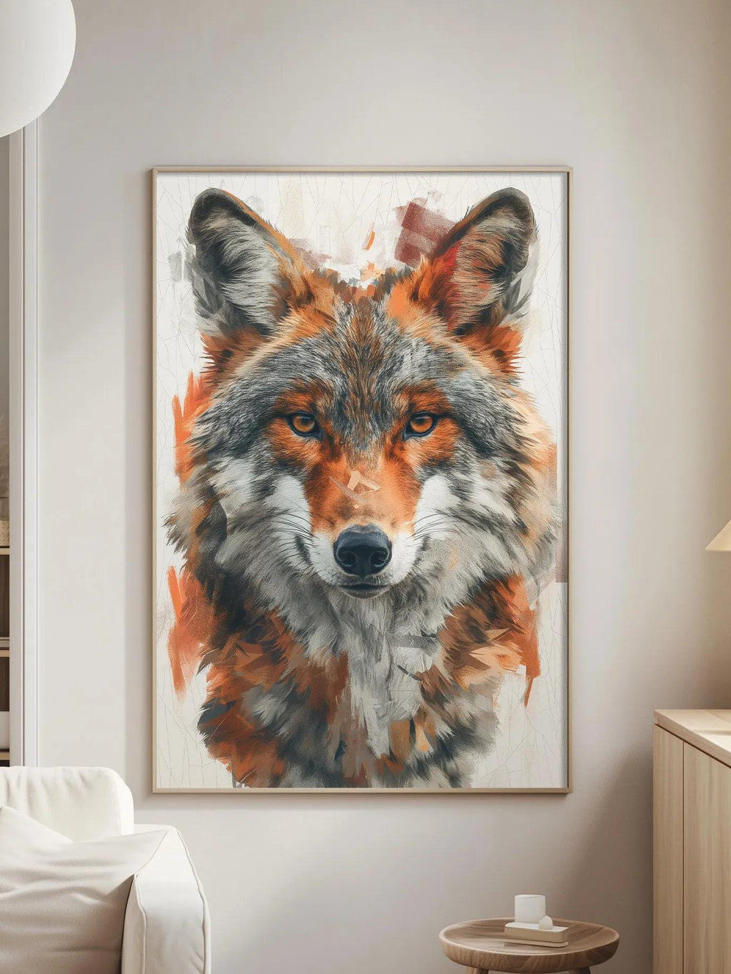 a large, colorful painting of a wolf's face hanging on a wall in a living room.