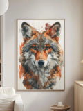 a large, colorful painting of a wolf's face hanging on a wall in a living room.