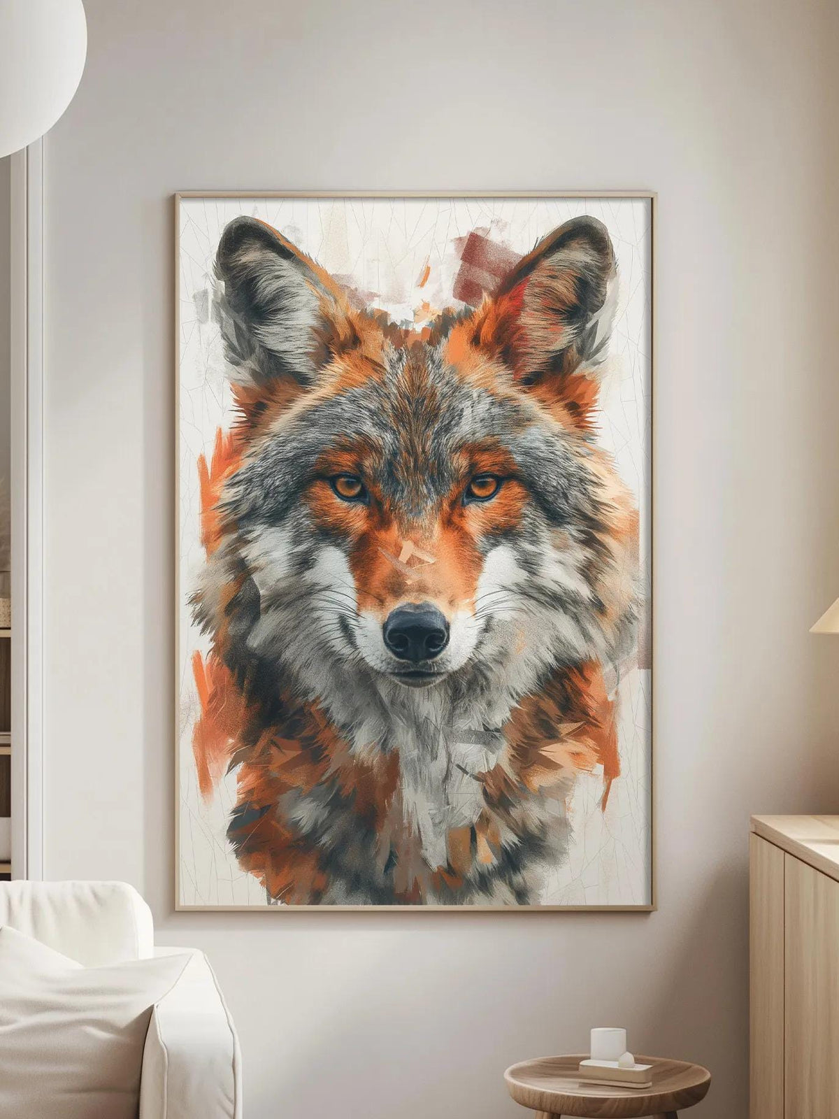 a large, colorful painting of a wolf's face hanging on a wall in a living room.