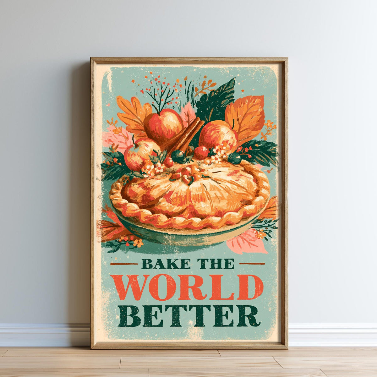 The image is a framed poster with a vintage-style illustration of a pie surrounded by autumn leaves and spices. The text on the poster reads "Bake the World Better".