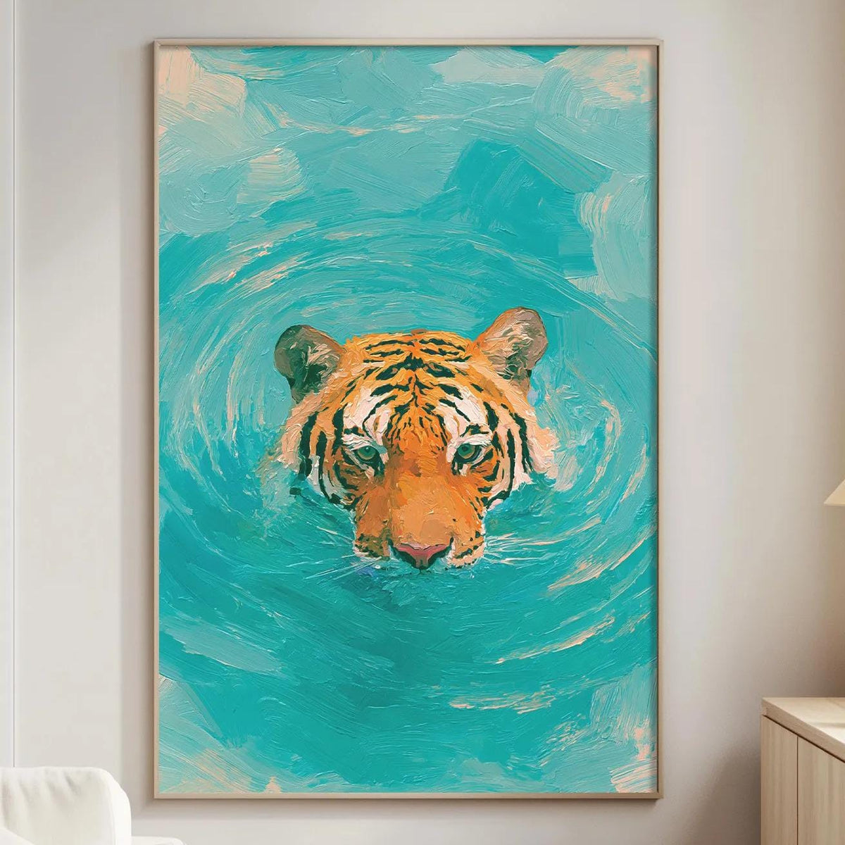 a large painting of a tiger swimming in a turquoise body of water, hanging on a wall in a living room.