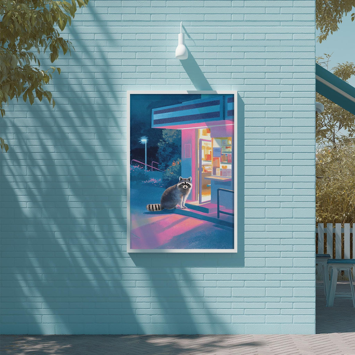 A raccoon sits on a ledge outside a building, with a colorful mural depicting a nighttime scene on the wall behind it.