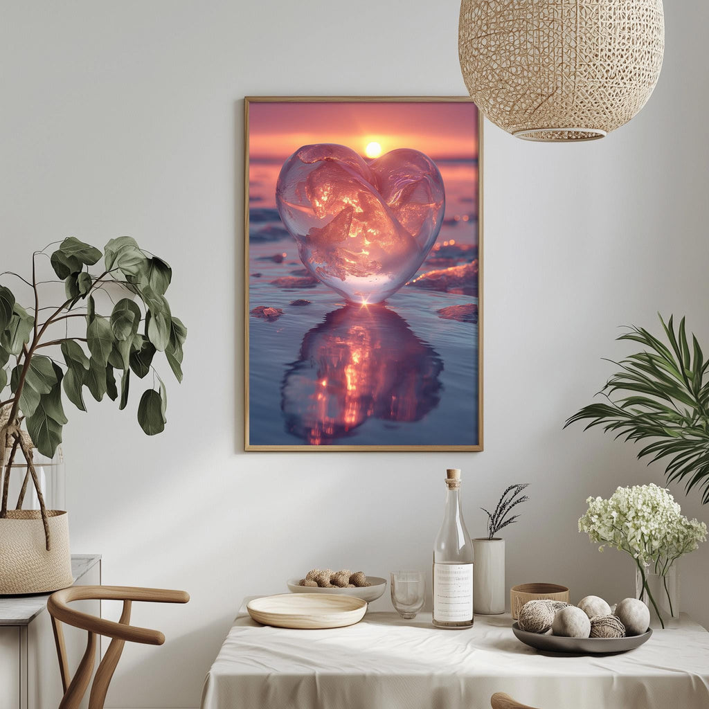 a framed photograph of a heart-shaped ice sculpture with a sunset reflection on the water, surrounded by potted plants and a dining table with various items on it.