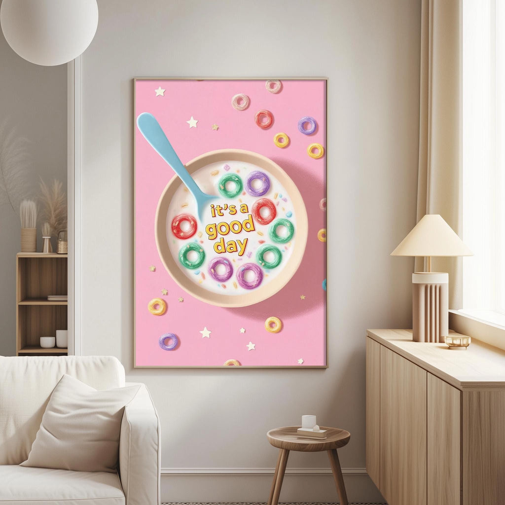 a poster with a bowl of cereal and the text "It's a good day" on a pink background.