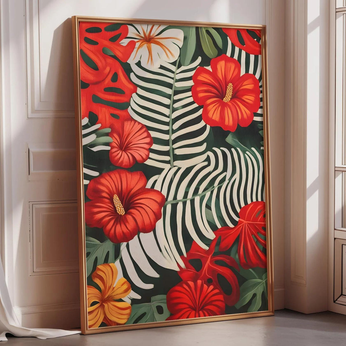 A large framed print depicting a vibrant tropical scene with red flowers, green leaves, and a zebra-like pattern.