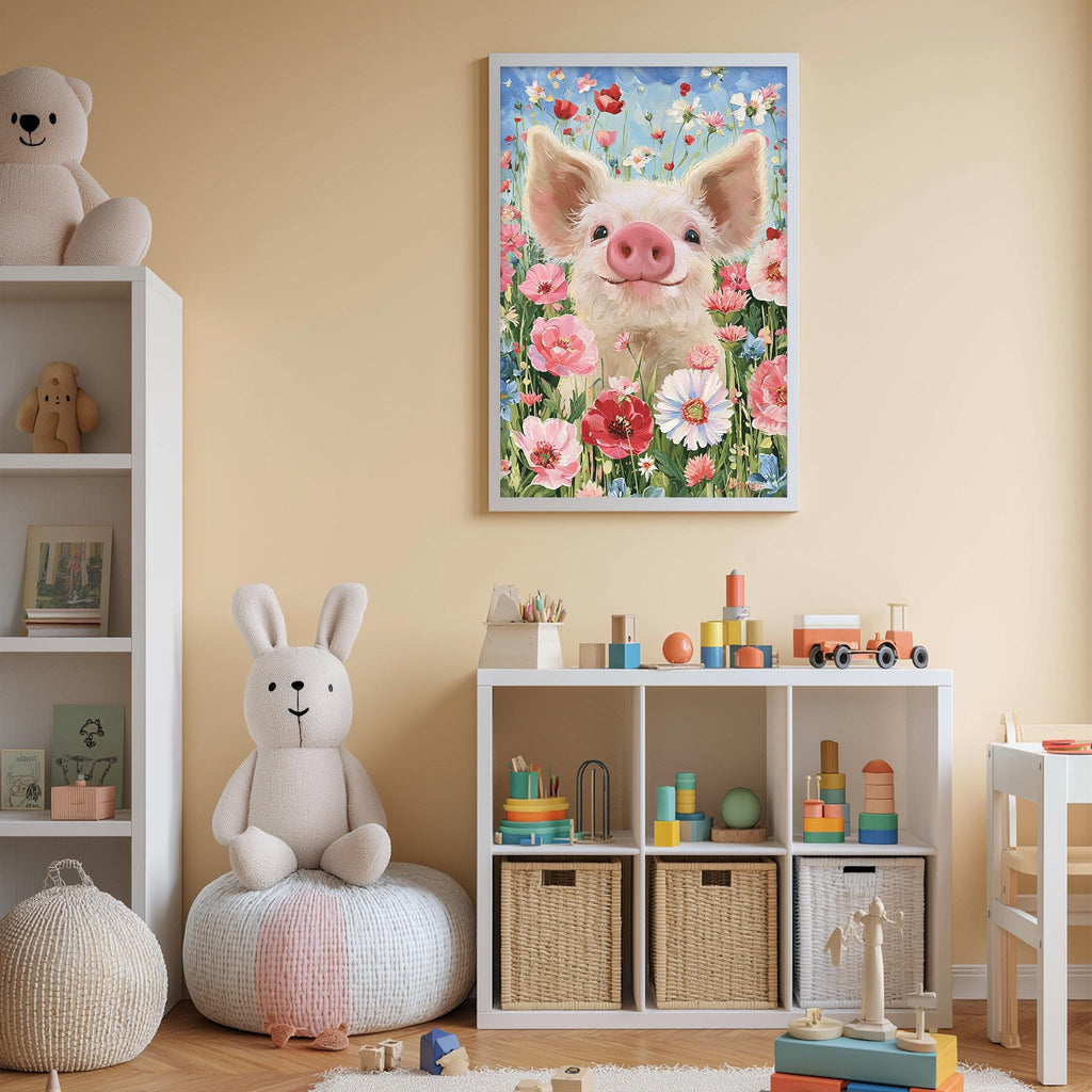 A child's bedroom with a stuffed bunny, a bookshelf, and a colorful painting of a pig surrounded by flowers on the wall.