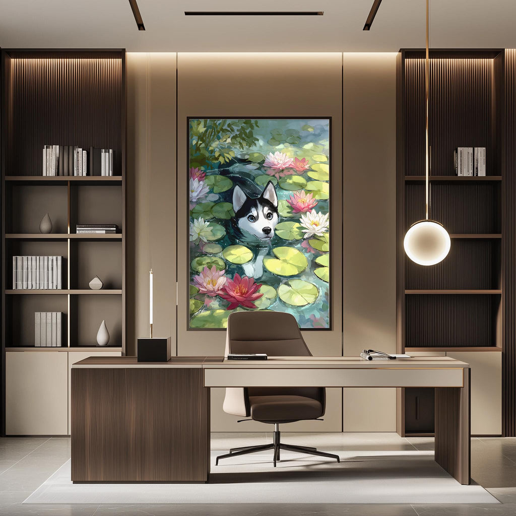 a modern office space with a large painting of a husky dog swimming in a pond of lily pads hanging on the wall. The desk in the office has a computer and a lamp, and there are bookshelves on either side of the desk.
