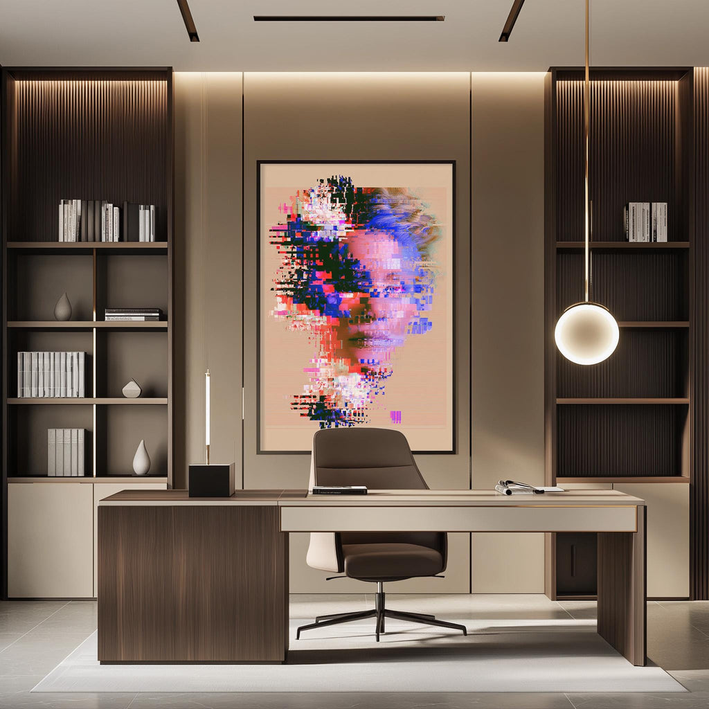 a modern and minimalist office space with a large abstract painting on the wall, a wooden desk with a chair, and built-in bookshelves.