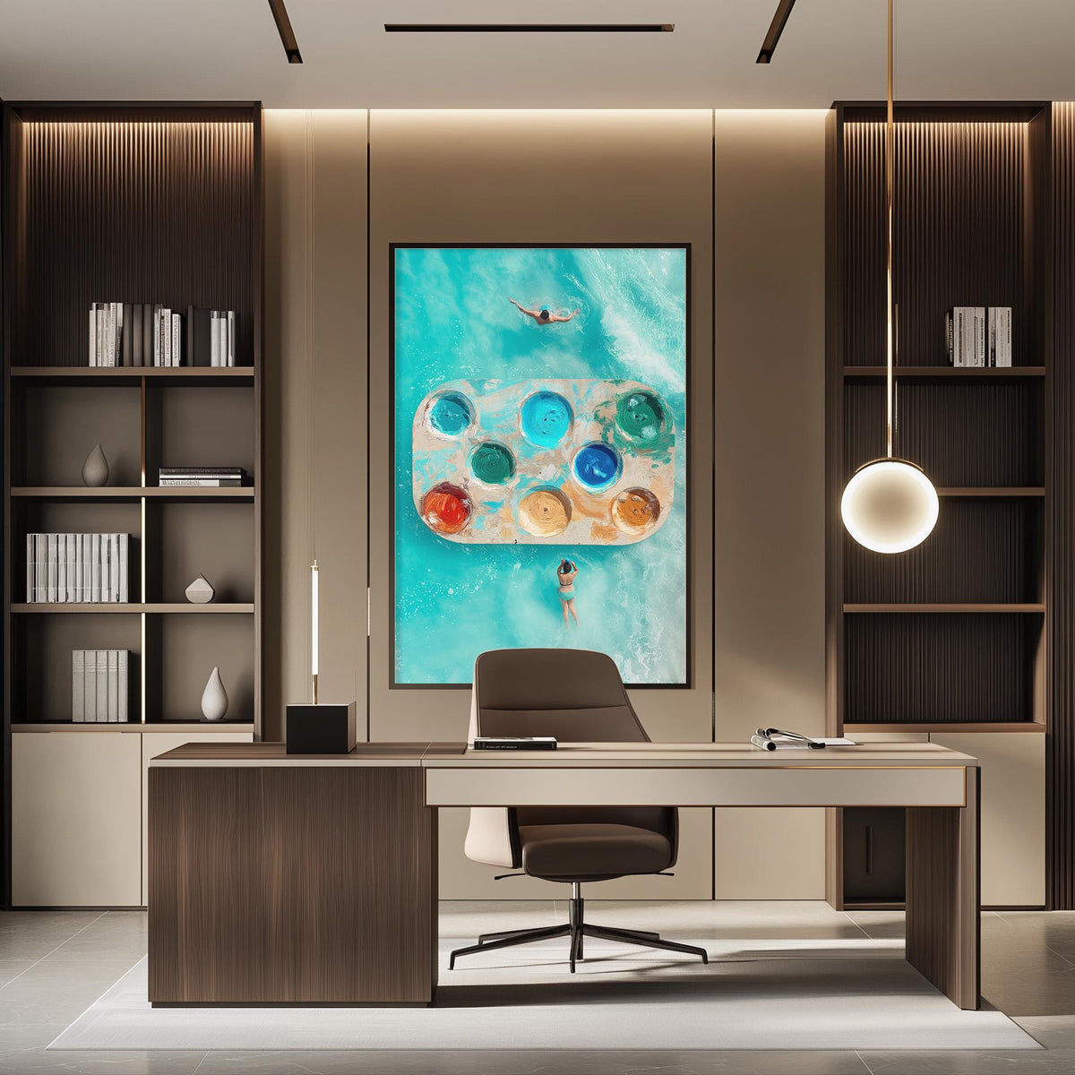 a modern office space with a large, colorful painting of a person swimming in the ocean as the focal point. The painting is hung on the wall above a desk with a chair in front of it. The office also includes built-in bookshelves and a pendant light, creating a stylish and functional workspace.