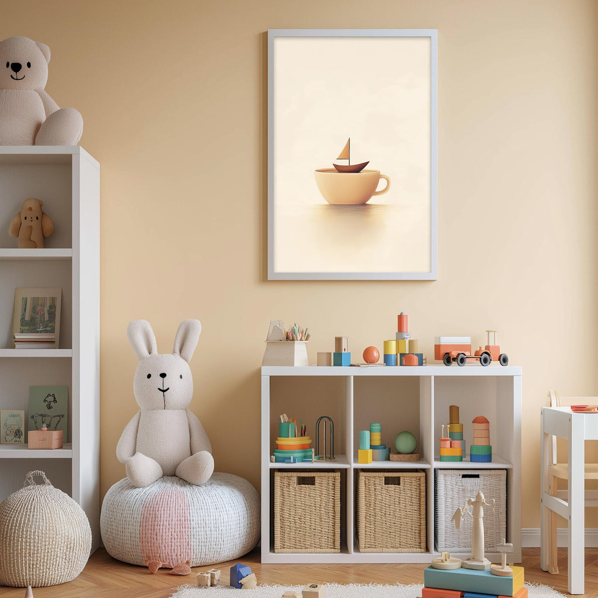 A cozy children's room with a white bookshelf, a plush bunny, and a shelf filled with toys and books. A framed picture of a boat on a cup is hanging on the wall above the shelf.