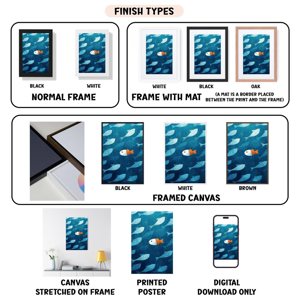 various finish types for a framed artwork depicting fish, including a normal frame, a frame with a mat, a black frame, a white frame, a black frame, a white framed canvas, a stretched canvas, a printed poster, and a digital download only.