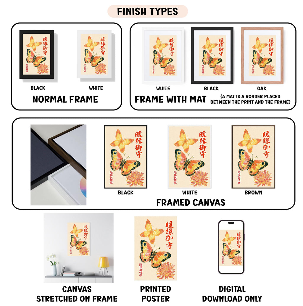 various types of framed artwork, including paintings and posters, with different finishes and styles. It also includes images of a canvas stretched on a frame and a printed poster. The text in the image provides information about the finishes and types of the framed artwork, such as "NORMAL FRAME", "FRAME WITH MAT", "BLACK", "WHITE", "BLACK", "WHITE", "FRAMED CANVAS", "CANVAS STRETCHED ON FRAME", "PRINTED POSTER", and "DIGITAL DOWNLOAD ONLY".