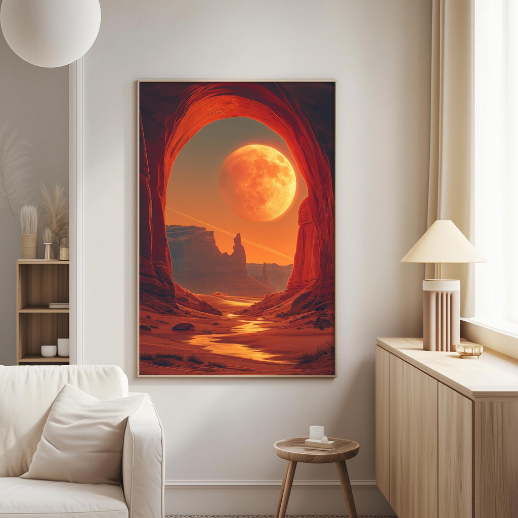 a large, vibrant painting of a desert landscape with a large, glowing moon in the sky. The painting is hanging on a wall in a living room setting, with a white couch and a small table nearby.