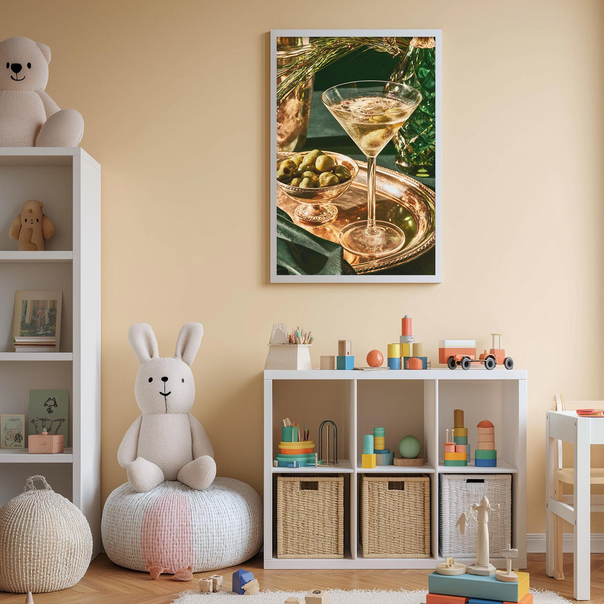 a cozy and well-organized nursery or child's room, featuring a white bookshelf, a plush rabbit, and a colorful toy box filled with various toys. A framed picture of a martini glass and a plate of food is displayed on the wall, adding a touch of sophistication to the room's decor.
