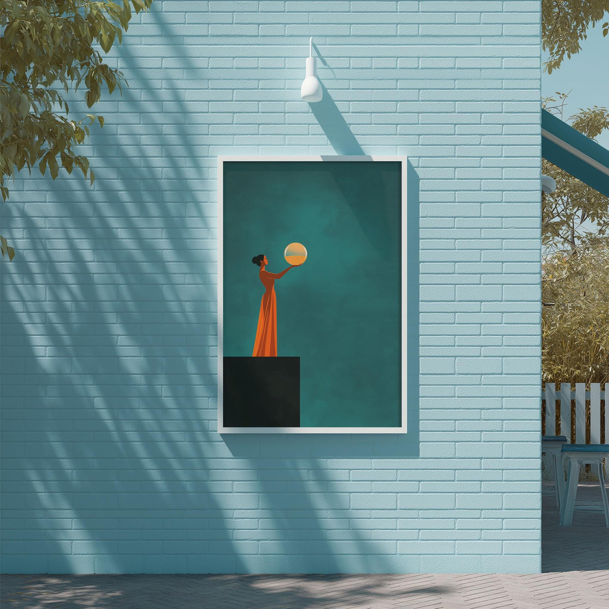 a woman in an orange dress holding a yellow ball, standing on a black platform against a blue wall.