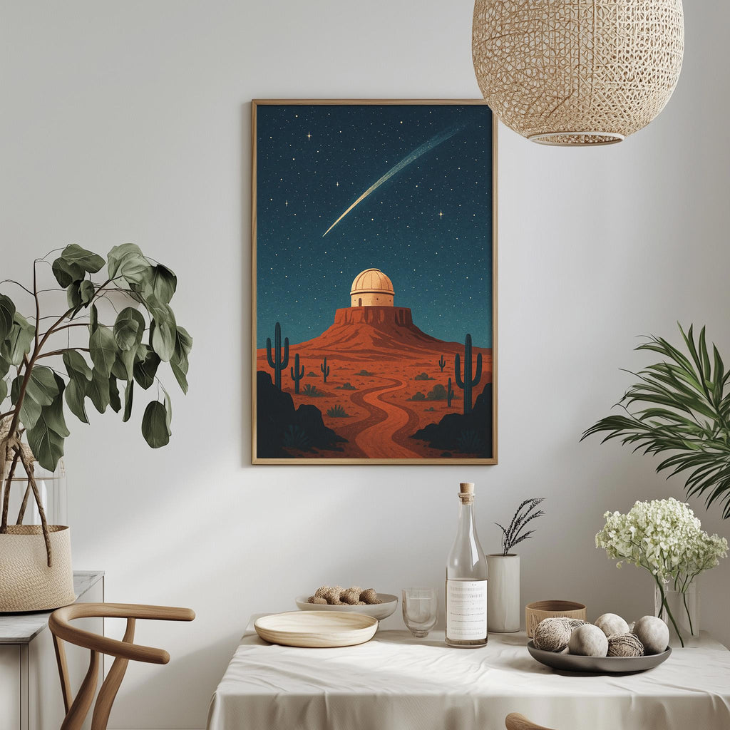 a desert landscape with a cactus and a mountain in the background, set against a starry night sky. The scene is framed by a hanging light fixture, and there are potted plants and a table with a bottle and a bowl on it.
