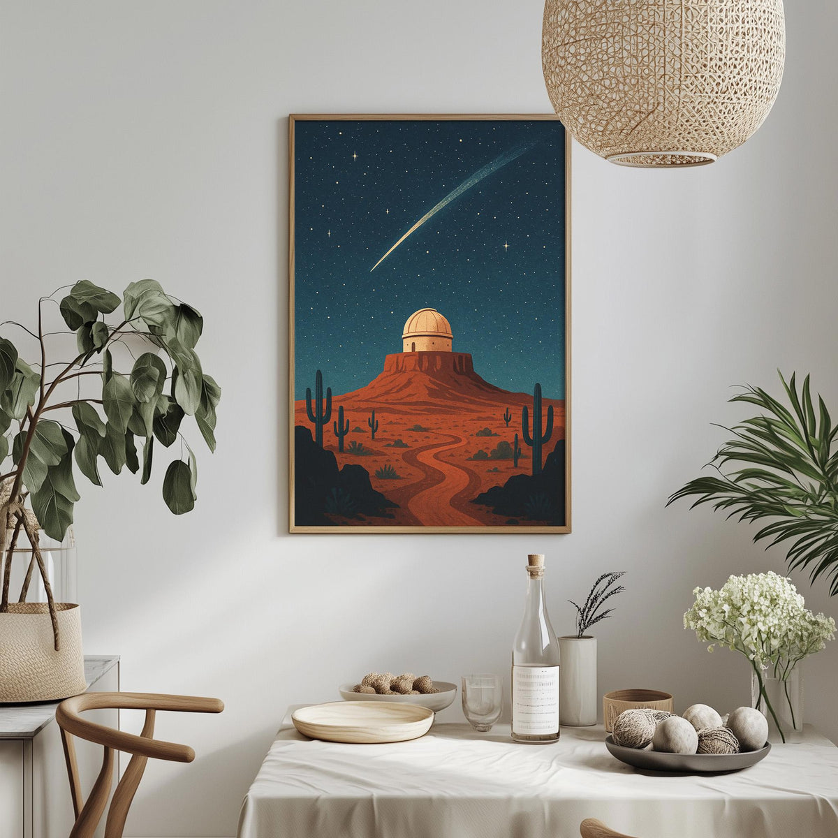 a desert landscape with a cactus and a mountain in the background, set against a starry night sky. The scene is framed by a hanging light fixture, and there are potted plants and a table with a bottle and a bowl on it.