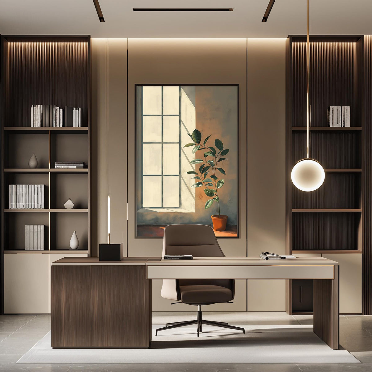 a modern and minimalist office space with a large window, wooden furniture, and a painting on the wall.